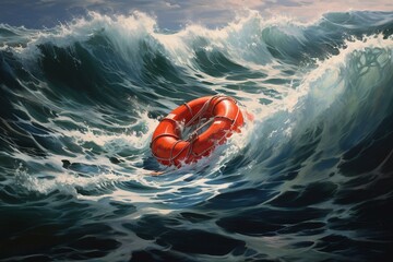 lifebuoy on turbulent sea. Generative AI - obrazy, fototapety, plakaty