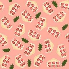 Seamless pattern with cute kawaii handdrawn strawberry fruit sandwich in pink background