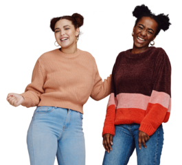 Portrait of girl friends, dance and isolated on transparent png background, winter fashion and happy celebration. Gen z culture, excited women and smile together in party energy, music and diversity.