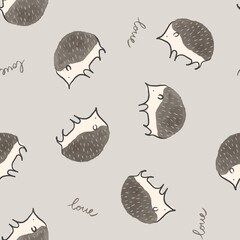 Seamless pattern with cute kawaii handdrawn hedgehog in grey background