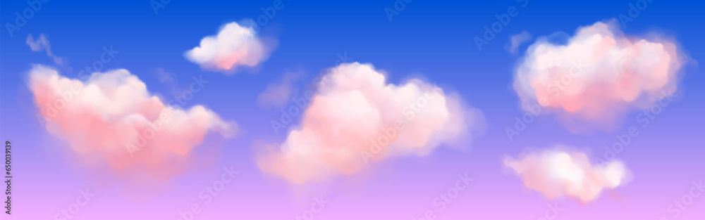 Wall mural pink soft fluffy clouds on violet-blue gradient sky. realistic vector illustration set of magic and 