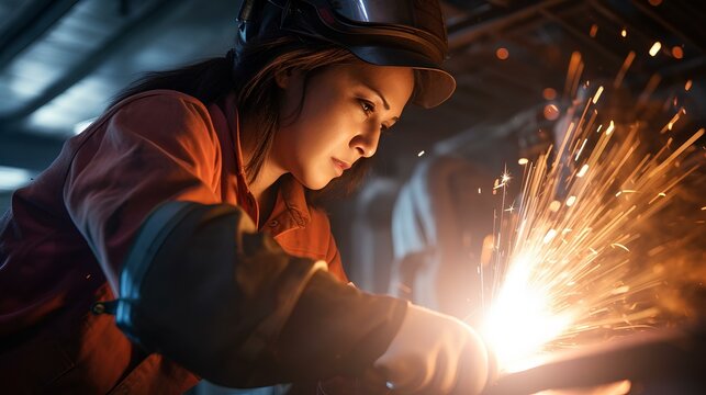 a female construction worker welding with sparks flying, illuminated by an orange glow. woman who works in an industrial field. generative AI