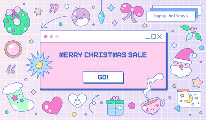 Christmas PC interface Banner with Winter Merry Christmas Decorations. Vintage Y2K Old Computer Background. Happy New Year and Merry Christmas sale. Holiday Pink Web Poster. Vector Illustration.