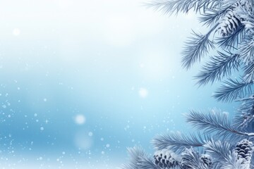 Fototapeta na wymiar Christmas white background with fir branches and snowflakes. Winter banner concept with copy space with bokeh. Generative Ai