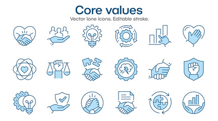 Core values flat icons, such as business, social responsibility, mission, company and more. Editable stroke.