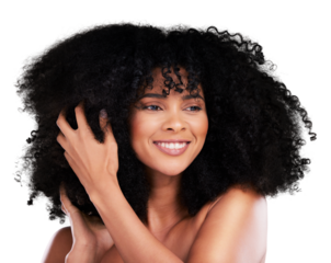 Black woman, hands in hair with afro and beauty, haircare and cosmetics with smile on png transparent background. Person, natural and cosmetic treatment with curly hairstyle and healthy texture
