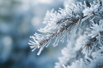 Obraz premium Hoarfrost on the branches of a pine tree. Winter background. Close-up. Generative Ai