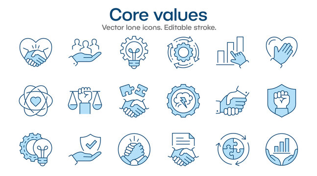 Core values flat icons, such as business, social responsibility, mission, company and more. Editable stroke.