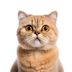 front view close up of golden-eyed Scottish Fold cat isolated on a white transparent background