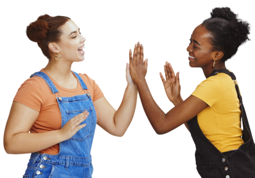 Interracial woman, friends and smile for high five, game or playing and standing isolated on a transparent PNG background. Happy women smiling, enjoying or play time together with hands in friendship