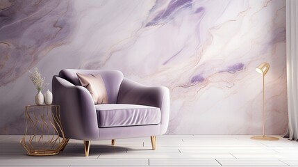 modern living room with marble decoration, light violet and light gold