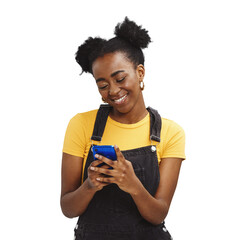 Happy black woman, phone and social media for communication isolated on a transparent PNG...
