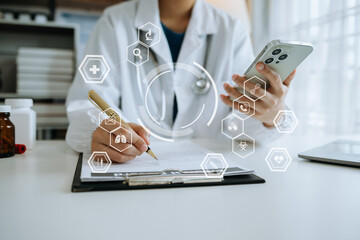 Medicine doctor using digital tablet and smartphone diagnose virtual electronic medical record on...
