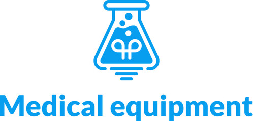 Medical equipment business logo with brand name. Lab flask and lightbulb icon. Blue creative design element. Visual identity. Suitable for medical, laboratory, healthcare.