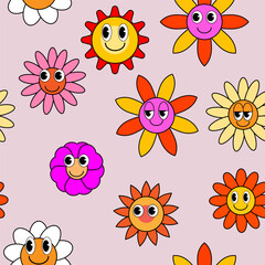 Groovy hippie flower seamless pattern. Colorful flowers trendy background retro trippy 70s style