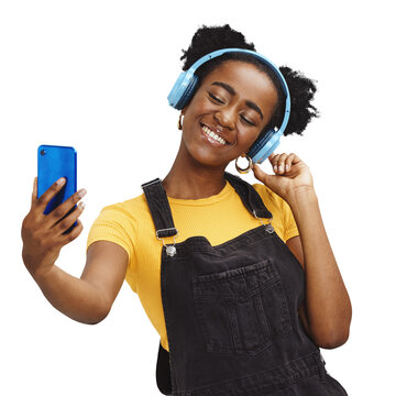 Black woman, young with headphones in selfie and social media post, influencer and gen z isolated on transparent png background. Smile in picture, content creation with African girl and music