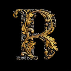 A letter B with gold leaves and flowers on a black background