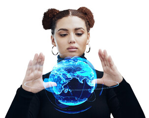 Young woman, hands and hologram of Earth, global network and innovation isolated on png transparent background. 3D globe, digital world and futuristic with cyber space and tech development overlay