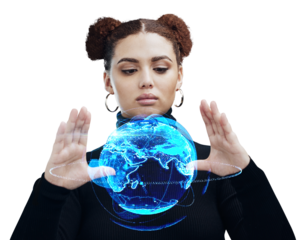 Young woman, hands and hologram of Earth, global network and innovation isolated on png transparent background. 3D globe, digital world and futuristic with cyber space and tech development overlay