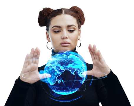 Young woman, hands and hologram of Earth, global network and innovation isolated on png transparent background. 3D globe, digital world and futuristic with cyber space and tech development overlay