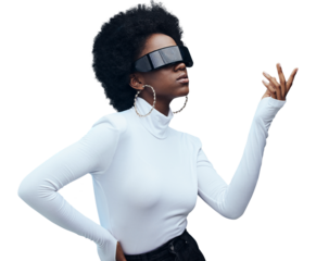 Virtual reality, black woman and fashion with digital world and futuristic model isolated on png transparent background. Beauty, style and 3D holographic with high tech, VR experience and metaverse