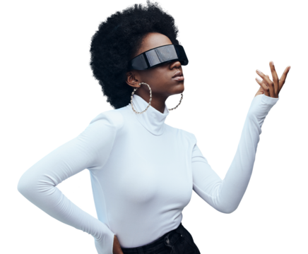 Virtual reality, black woman and fashion with digital world and futuristic model isolated on png transparent background. Beauty, style and 3D holographic with high tech, VR experience and metaverse