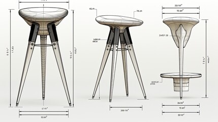 a designer chair on white background in the style of a technical drawing - obrazy, fototapety, plakaty