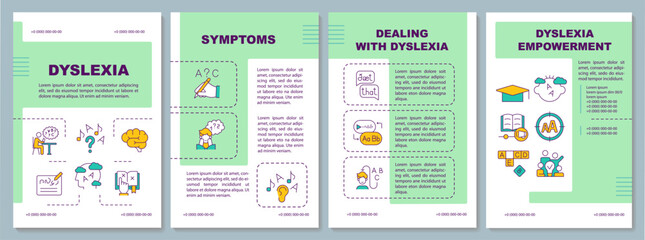 2D dyslexia green brochure template, leaflet design with thin line icons, 4 vector layouts.