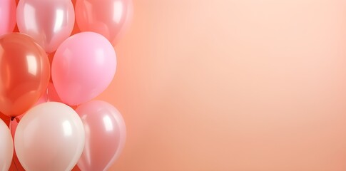 Balloons on pink background. Birthday party background with copy space.