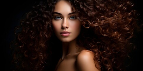 Portrait of a woman with long, curly hair, showcasing beauty and glamour. Fashion, cosmetics and makeup.