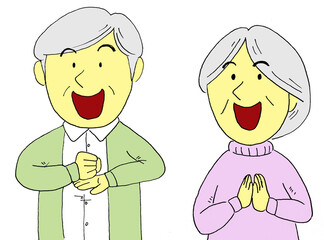 笑顔の老夫婦の手描きイラスト