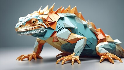 Folded paper design drawing of Panther Chameleon, Iguana Lizard with colorful skin color polygon...