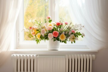 Floral arrangement near window with radiator on white wall and sill. Generative AI