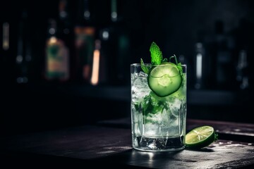 Refreshing drink with cucumber, ice on bar counter in a restaurant. Tonic with lime juice, mint, gin, and cucumber juice. Cool alcoholic beverage at nightclub on dark background. Generative AI