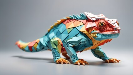 Folded paper design drawing of Panther Chameleon, Iguana Lizard with colorful skin color polygon shape style. Modern geometric elements concept for collection in magazine. - obrazy, fototapety, plakaty