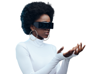 Woman, vr or futuristic glasses with hands for fashion software and designer brand isolated on transparent, png background. Tech and african person in virtual reality, vision or metaverse sunglasses