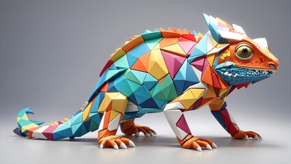 Folded paper design drawing of Panther Chameleon, Iguana Lizard with colorful skin color polygon...