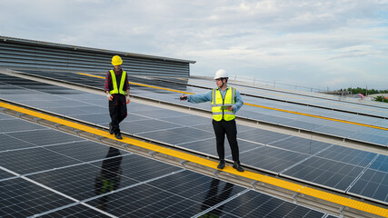 engineer maintenance solar panel, engineering service and check solar cell installing rooftop....