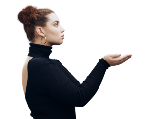 Hand, woman and holding gesture with space for marketing, promotion or advertising with elegant fashion. Young, serious and profile of girl with open palm hands isolated by transparent png background