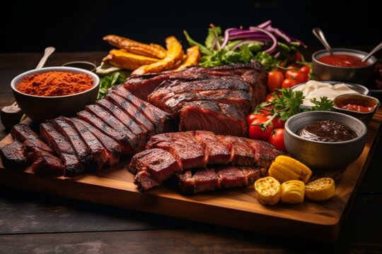 variety of BBQ meats on wooden platter. Generative AI