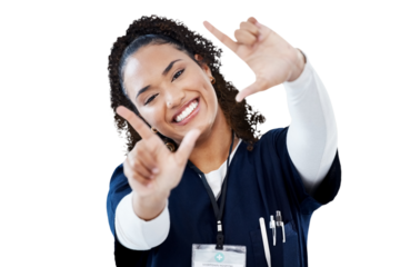 Woman, doctor portrait and finger frame for medical photography, social media and happy healthcare. Young african nurse or ADN student in picture hands or emoji isolated on transparent png background