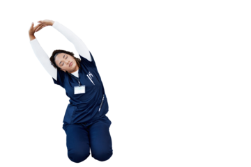 Tired nurse, arms and stretching for exercise or mobility on a png transparent background with eyes closed. Doctor, woman and healthcare with joint warm up for wellness support or physiotherapy
