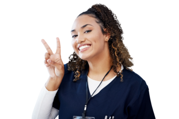 Isolated nurse woman, portrait and peace sign for smile, kindness and care by transparent png background. Doctor, happy medic and wellness professional with face for clinic job, emoji and hospital