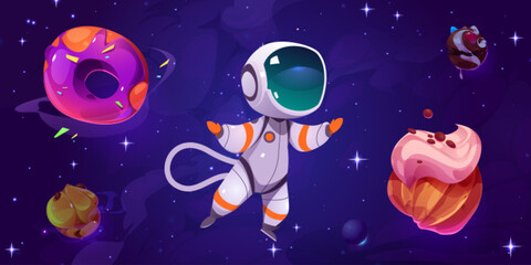 Astronaut in candy space near donut planet child cartoon vector. Cosmic childish fantasy planetary illustration for extraterrestrial chocolate and pastry game universe drawing night sky concept. © klyaksun