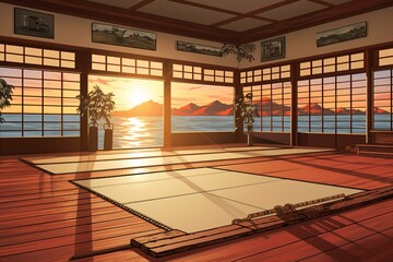 Illustration of a traditional martial arts training space with mat and paper windows. Generative AI - obrazy, fototapety, plakaty