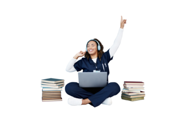 Doctor, headphones and dance on laptop for healthcare, studying and university books or happy education. Medical woman, nurse or student listening to music isolated on a transparent, png background