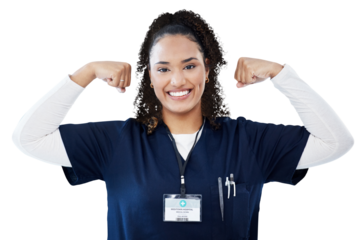 Woman, doctor and power or flex for healthcare, strong medical worker and energy with smile. Portrait of african nurse, medical hero or student fist muscle isolated on a transparent, png background