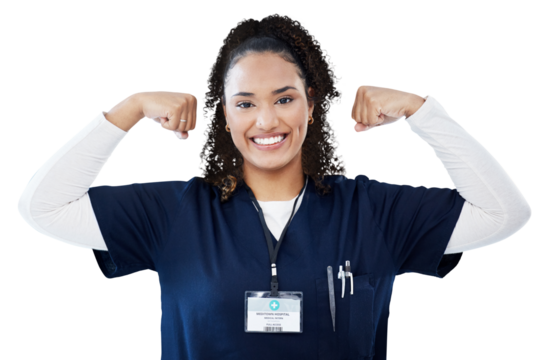 Woman, doctor and power or flex for healthcare, strong medical worker and energy with smile. Portrait of african nurse, medical hero or student fist muscle isolated on a transparent, png background