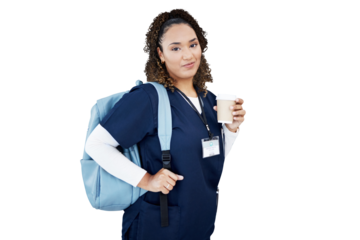 Student, doctor and woman in backpack for education, healthcare internship and happy learning. Portrait of nurse or african person for medical school and coffee isolated on transparent png background
