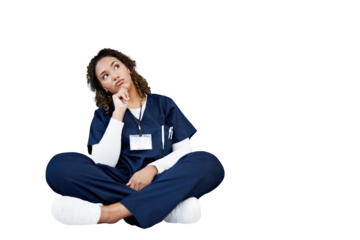 Nurse, doctor and woman thinking of medical solution, internship decision and brainstorming, goals or ideas. Healthcare student on floor, vision or future plan isolated on transparent png background